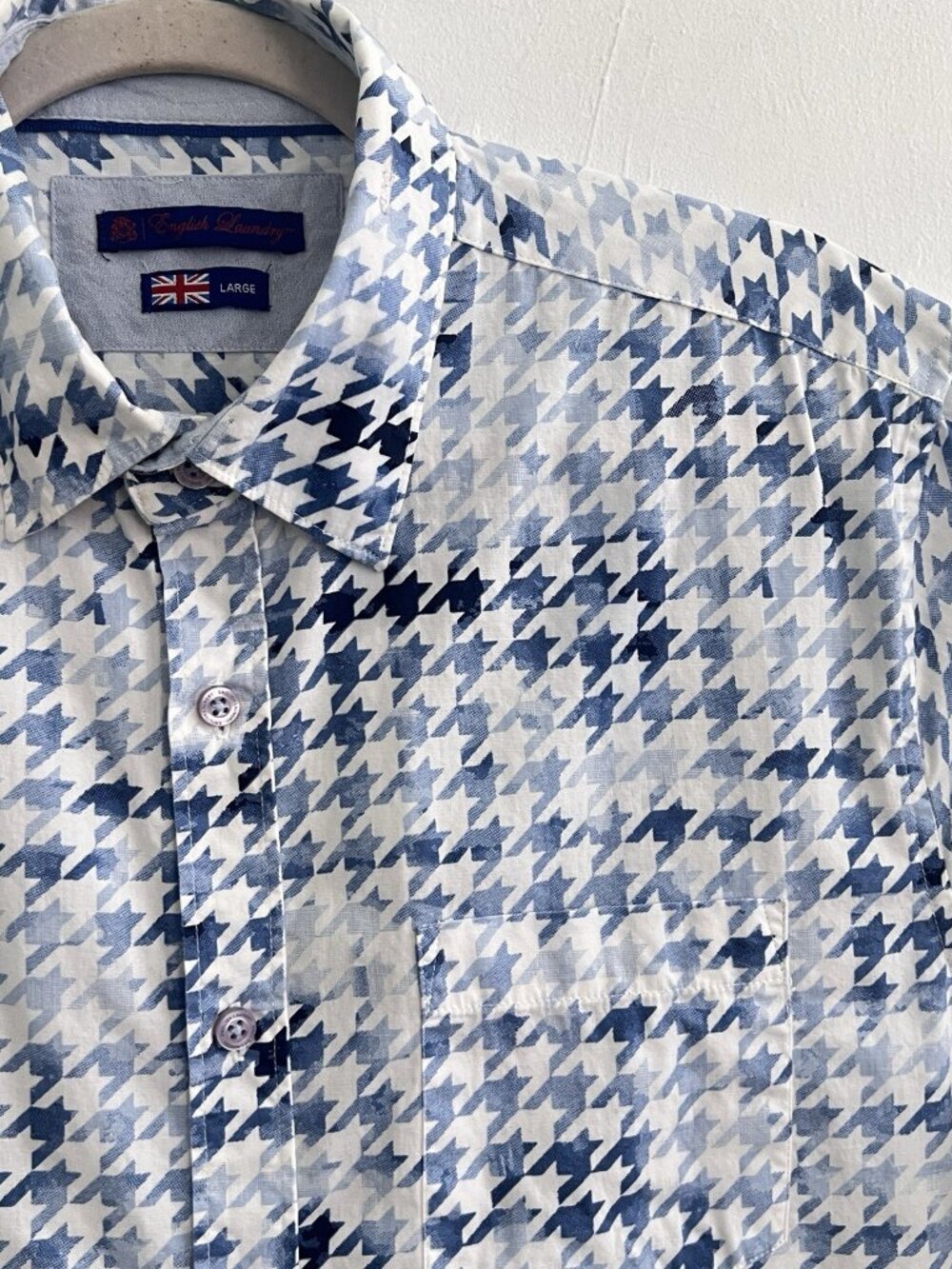 NEW English Laundry Blue Houndstooth Short Sleeve Button Up Shirt LARGE